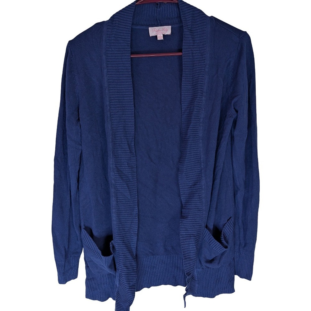 Pink Lily Open Face Cardigan Womens Small Navy Blue Ribbed Knit Pockets IMS-101